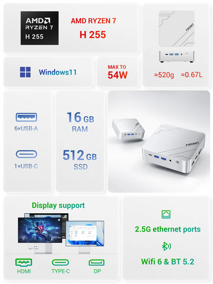 FIREBAT F1 MINI PC AMD Ryzen 7 H255 LPDDR5 16GB RAM 512GB SSD WIFI6 BT5.2 Portable Desktop MINI-PC Windows 11 Desktop Computer