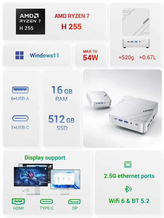 FIREBAT F1 MINI PC AMD Ryzen 7 H255 LPDDR5 16GB RAM 512GB SSD WIFI6 BT5.2 Portable Desktop MINI-PC Windows 11 Desktop Computer