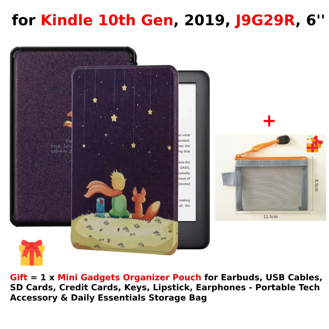 For Kindle 10th Generation Case + Mini Gadgets Organizer Pouch 6'' J9G29R 2019 Leather Cover Auto Wake/Sleep Kindle Skin Funda