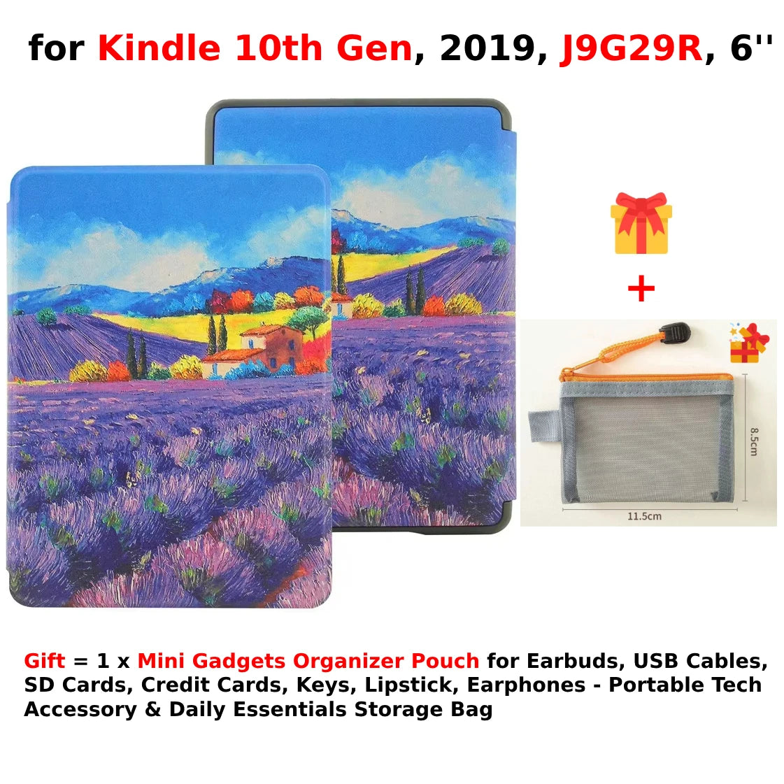 For Kindle 10th Generation Case + Mini Gadgets Organizer Pouch 6'' J9G29R 2019 Leather Cover Auto Wake/Sleep Kindle Skin Funda
