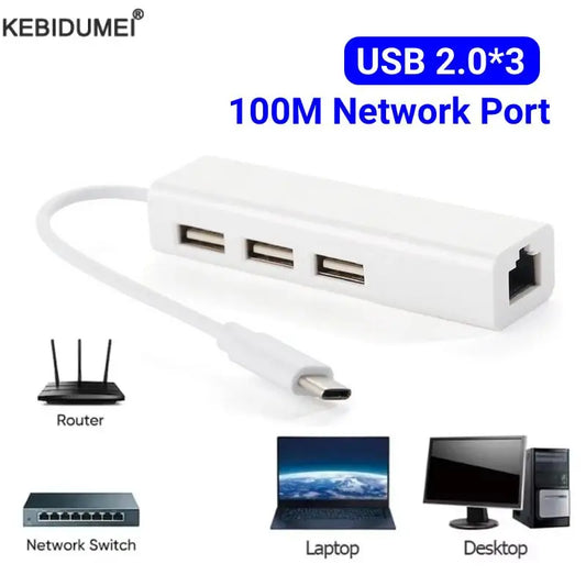 4 in 1 USB Type C to RJ45 Lan Network Card USB2.0 Ethernet Card Hub Splitter Adapter 10GBit/s for Laptop PC Driver Free