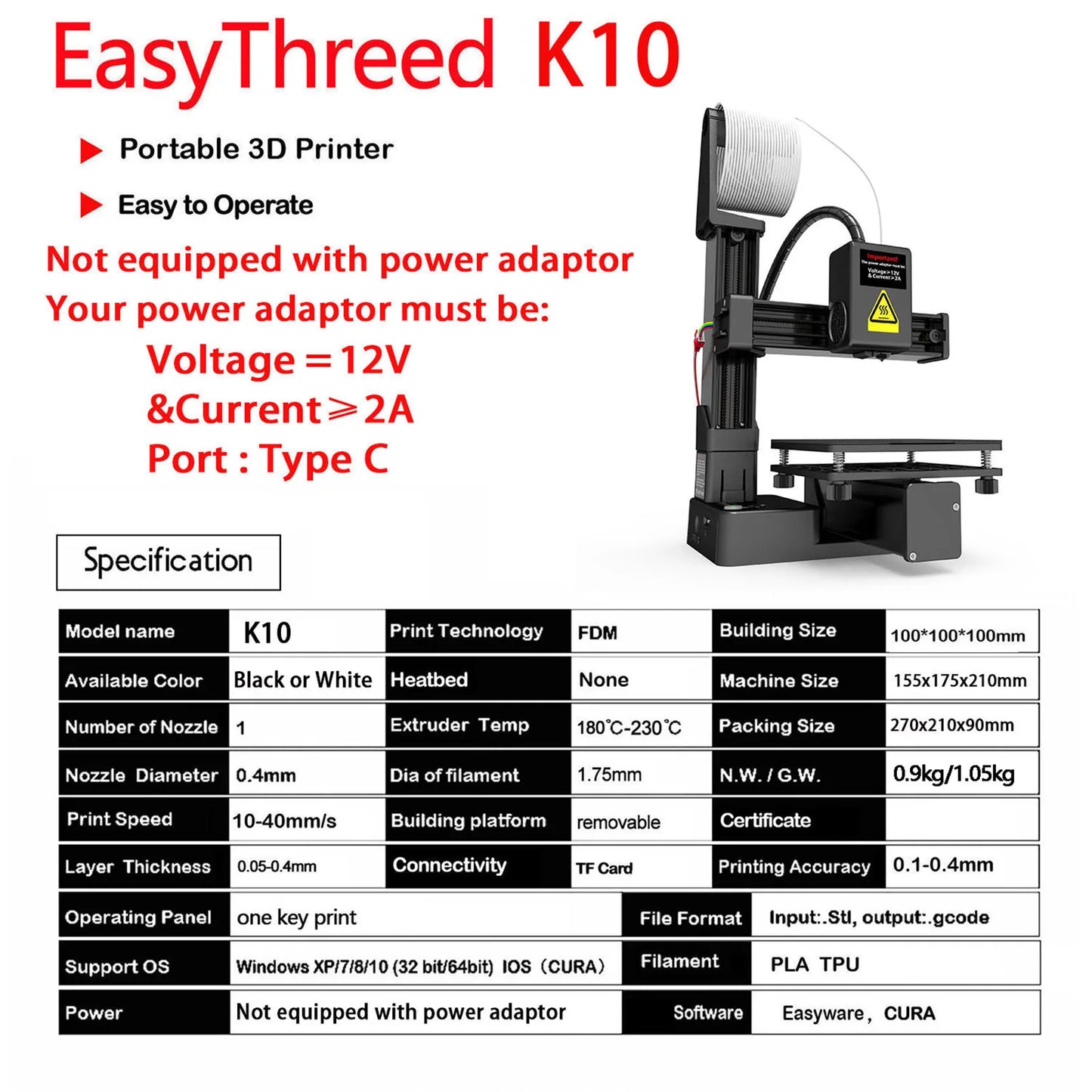 EasyThreed K10 3D Printer Mini Desktop Printing Machine for Kids 100x100x100mm Built Size Removable Platform One-Key Printing