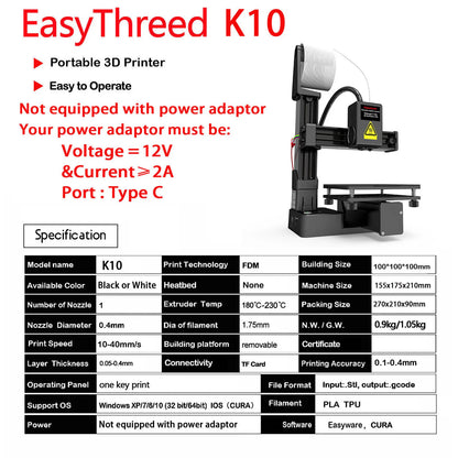 EasyThreed K10 3D Printer Mini Desktop Printing Machine for Kids 100x100x100mm Built Size Removable Platform One-Key Printing