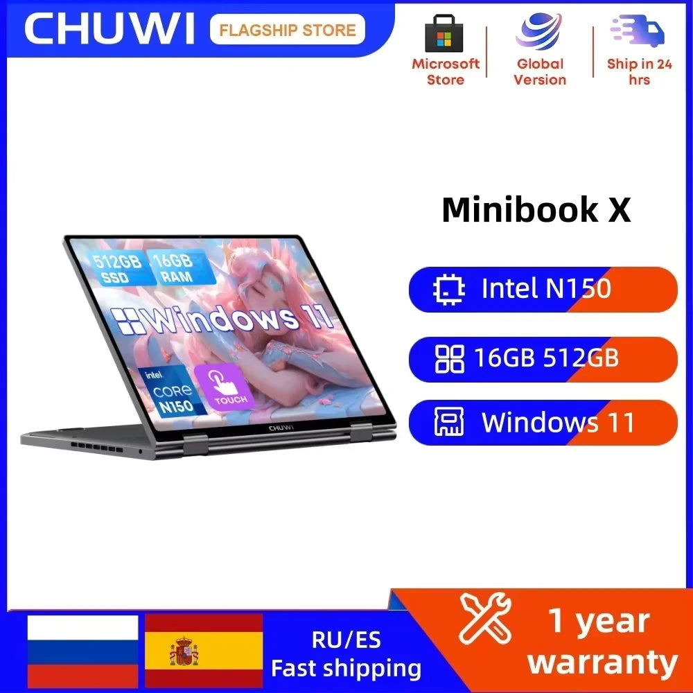 CHUWI MiniBook X Touch Screen Tablet Laptop 2-in-1 Intel N150 16GB LPDDR5 512G SSD  10.51'' 2K FHD Notebook WiFi6 Windows 11
