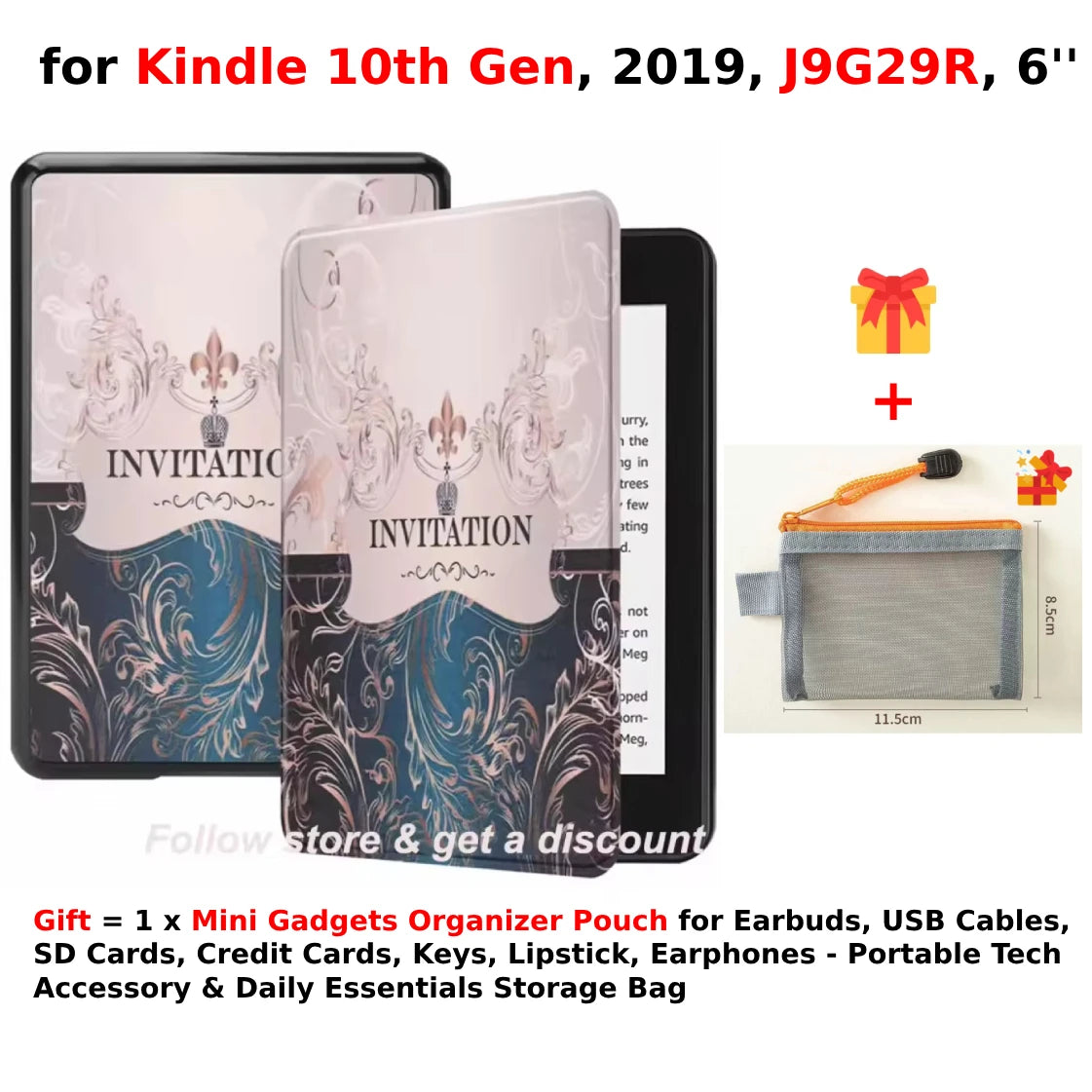 For Kindle 10th Generation Case + Mini Gadgets Organizer Pouch 6'' J9G29R 2019 Leather Cover Auto Wake/Sleep Kindle Skin Funda