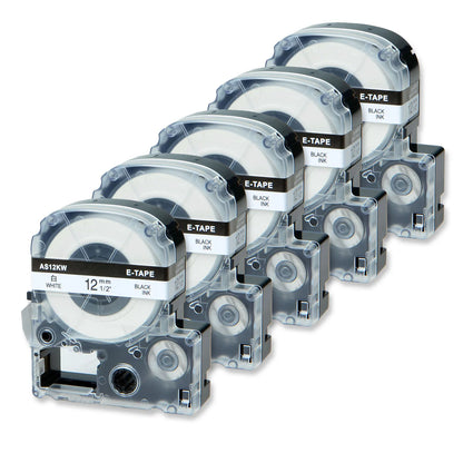 5PK Compatible for Epson 12mm x 8m AS12KW Standard Labels Black on White For LW-400 LW-300 LW-700  LW600P K200BL Label Printer