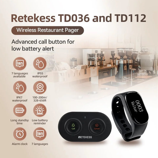 Retekess Restaurant Pager Wireless Waiter Calling System TD112 Waterproof Watch Receiver TD036 Call Buttons For Cafe Bar Club